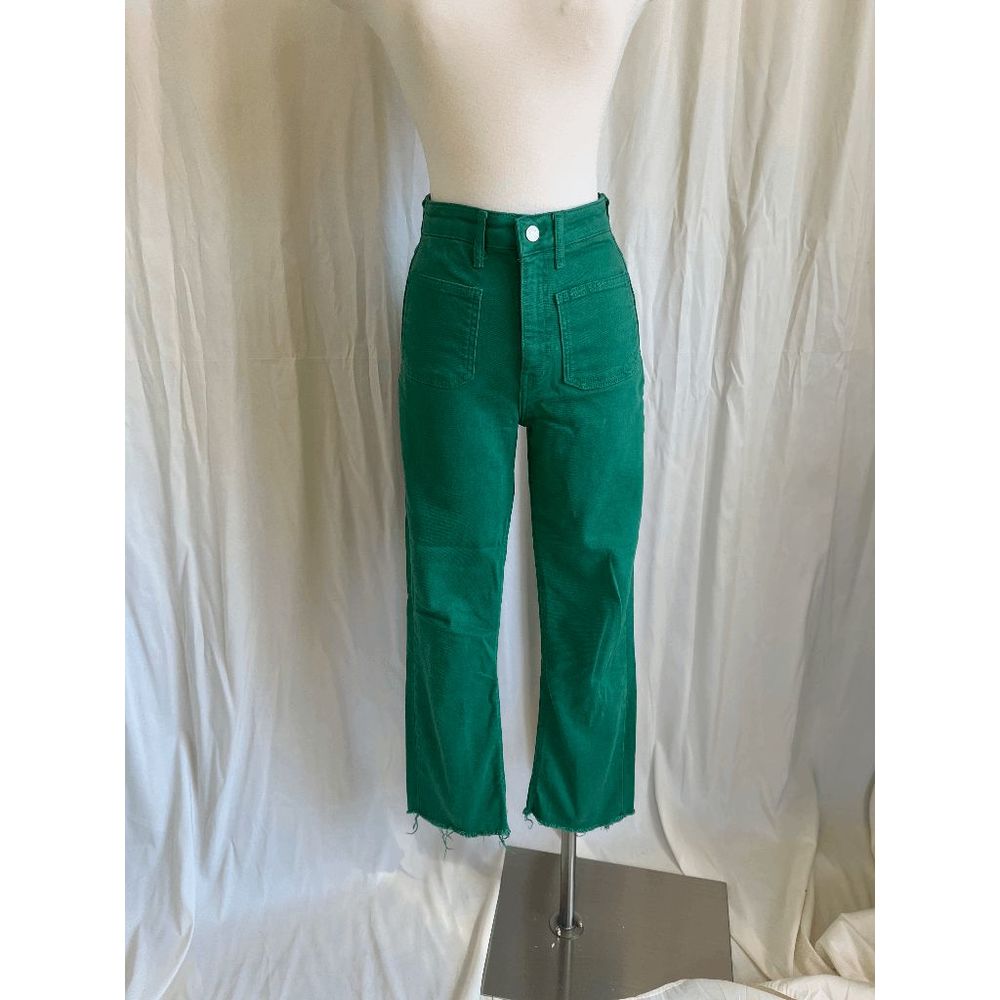 ZARA Women's Straight Jeans Cropped Cutoff High Rise Pocket Green Size 2
